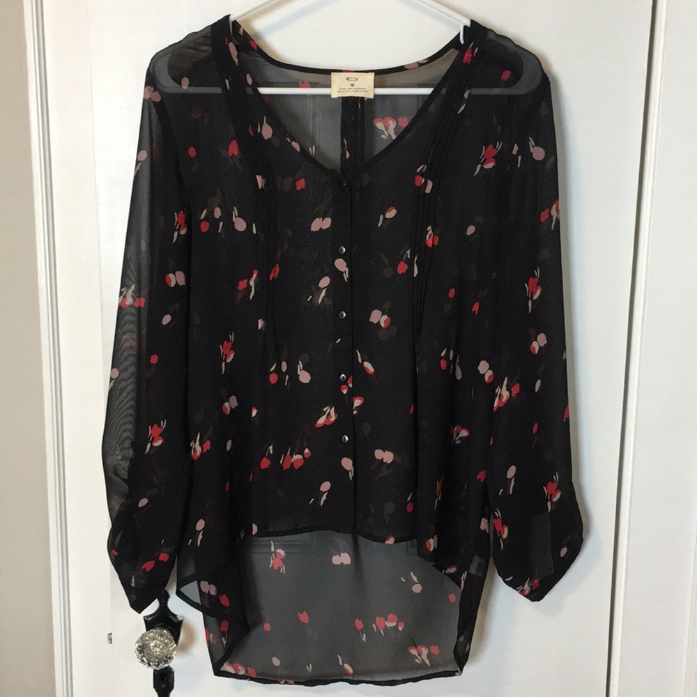 Pins & Needles Black Sheer Button-Front Blouse with Pink and Red Dot Print